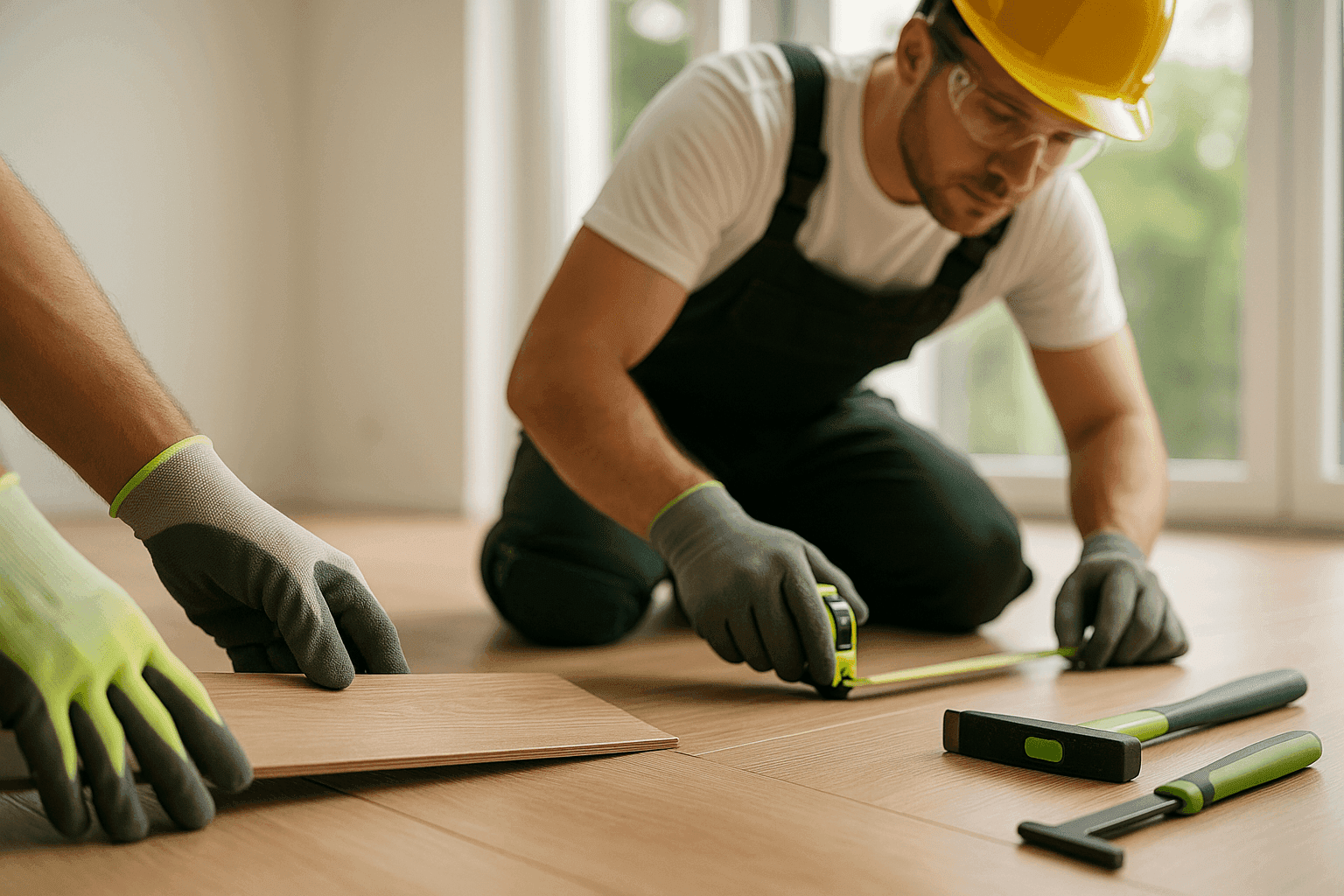 Professional flooring installer aligning wood plank at residential site with safety gear in Hebron