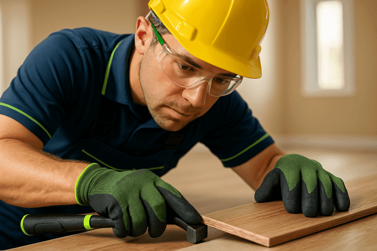 Close-up of flooring installer fitting wood plank wearing gloves, goggles, and helmet in Hebron