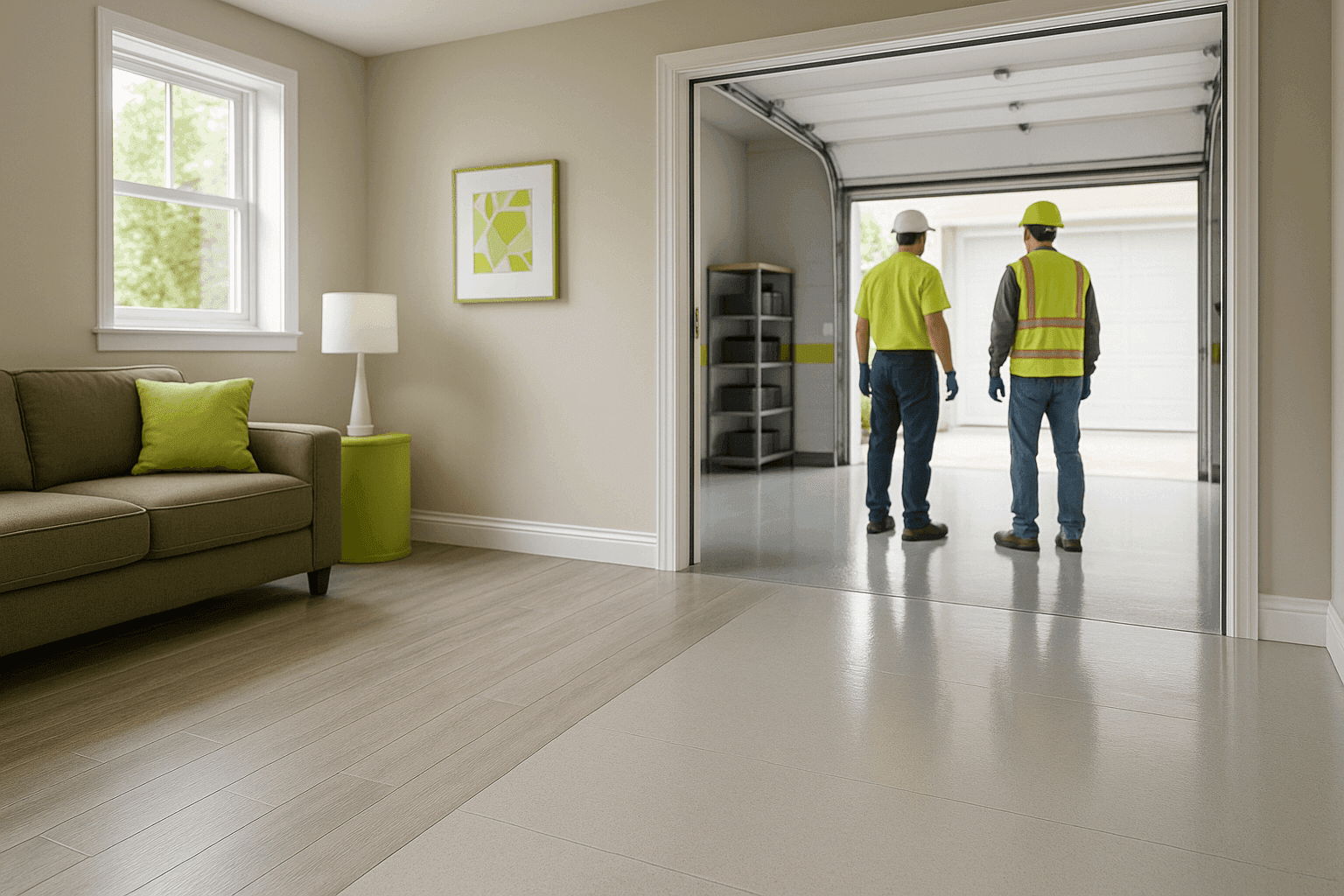 Sótano limpio con nuevo piso impermeable y suelo de garaje ordenado con acabado epóxico