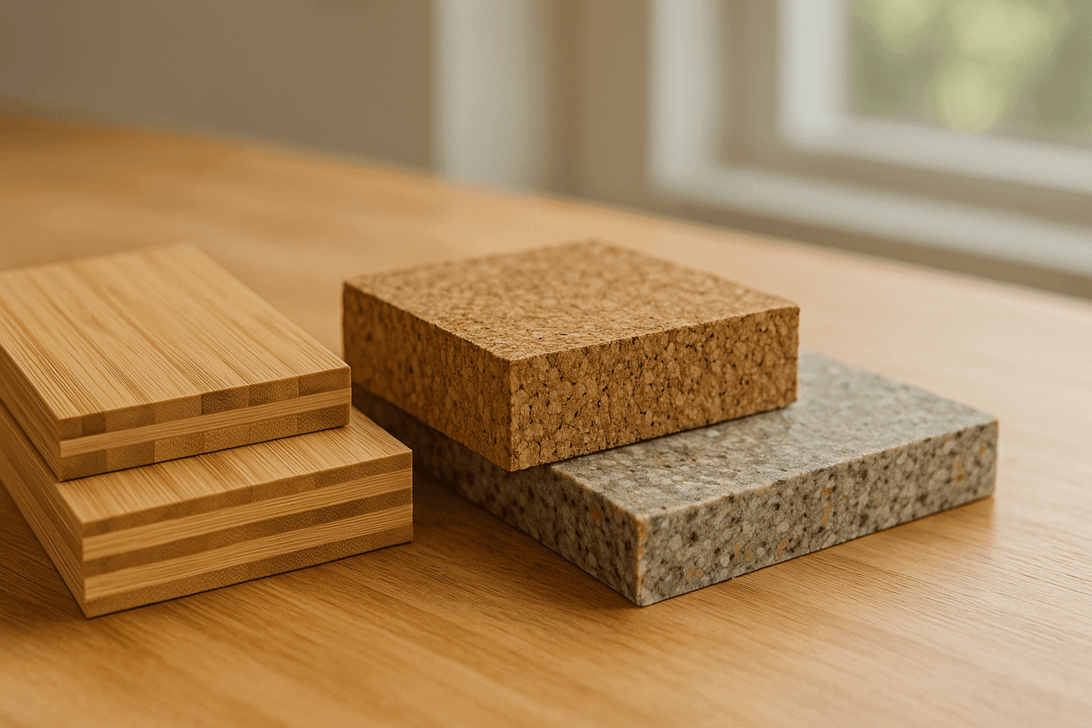 Muestras de materiales de pisos sostenibles como bambú y corcho dispuestos sobre una mesa