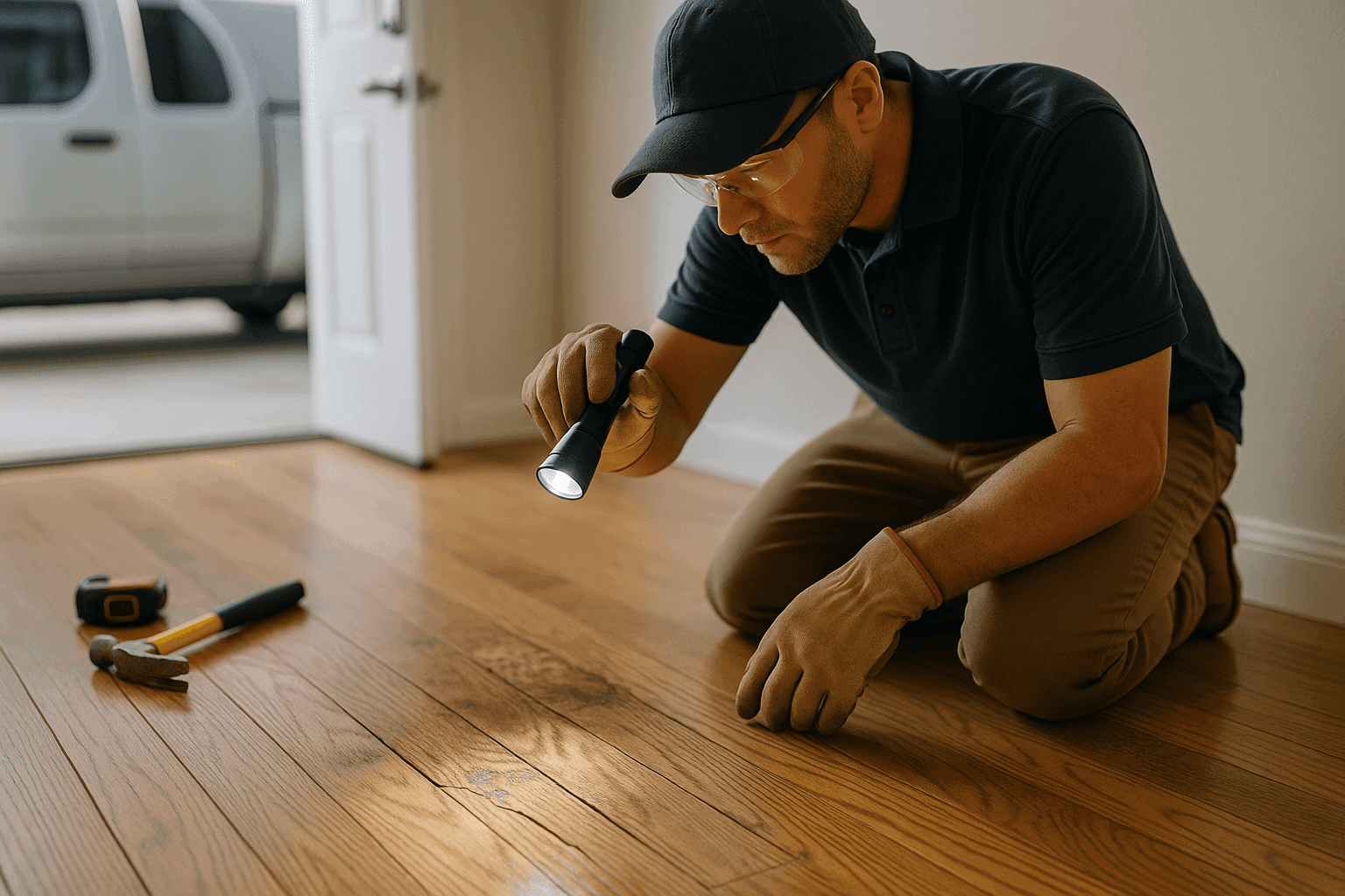 Homeowner inspecting water-damaged hardwood floor with flashlight