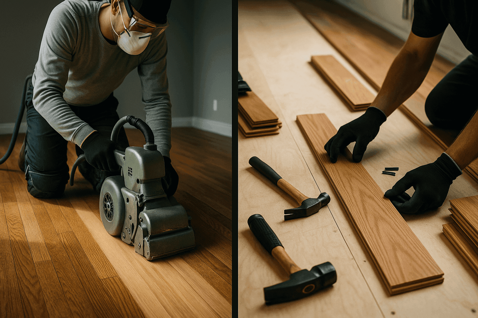 Comparación de un piso de madera siendo restaurado versus la instalación de un piso nuevo, lado a lado