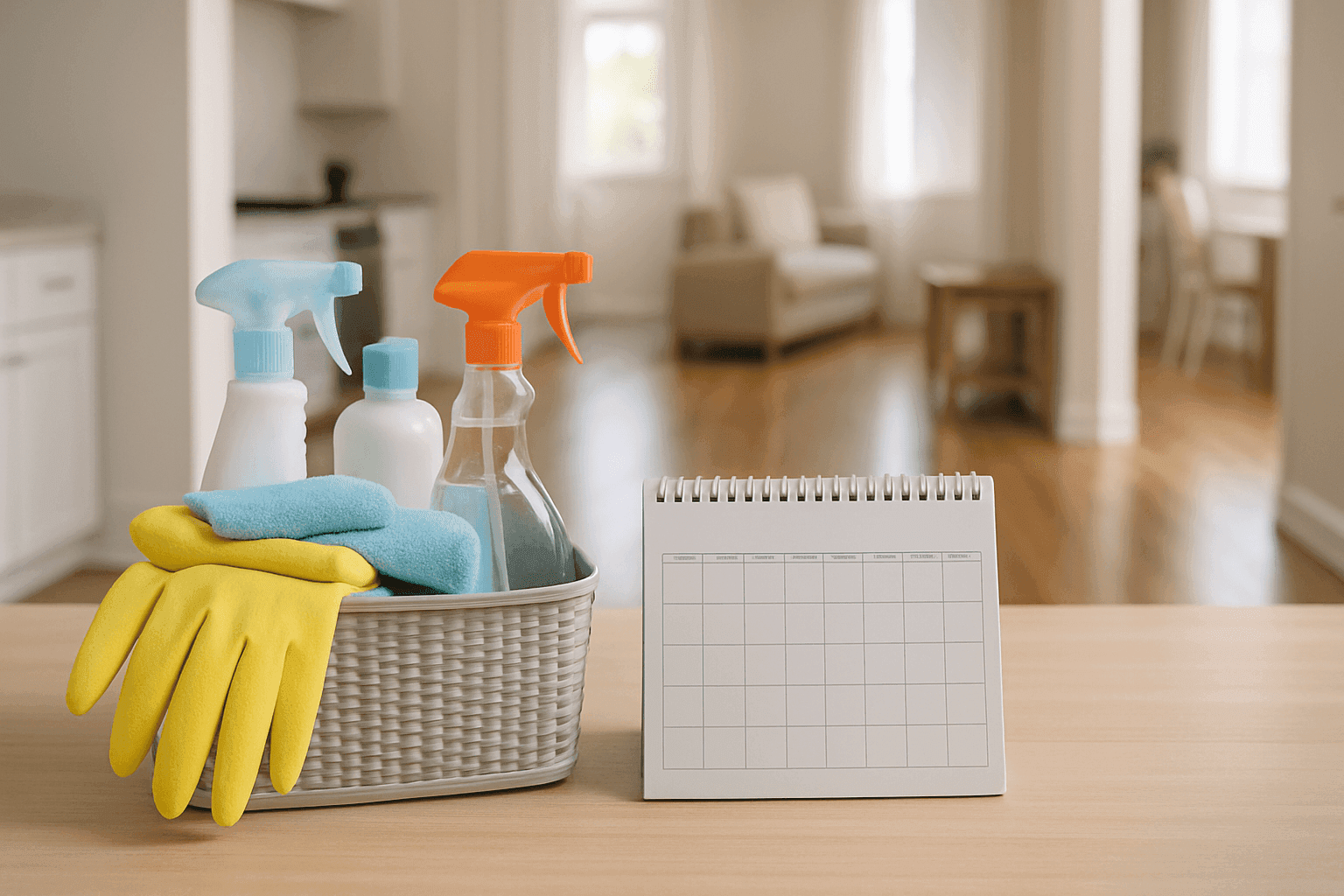 Propietario usando un calendario y productos de limpieza para mantener hermosos pisos de madera y cerámica