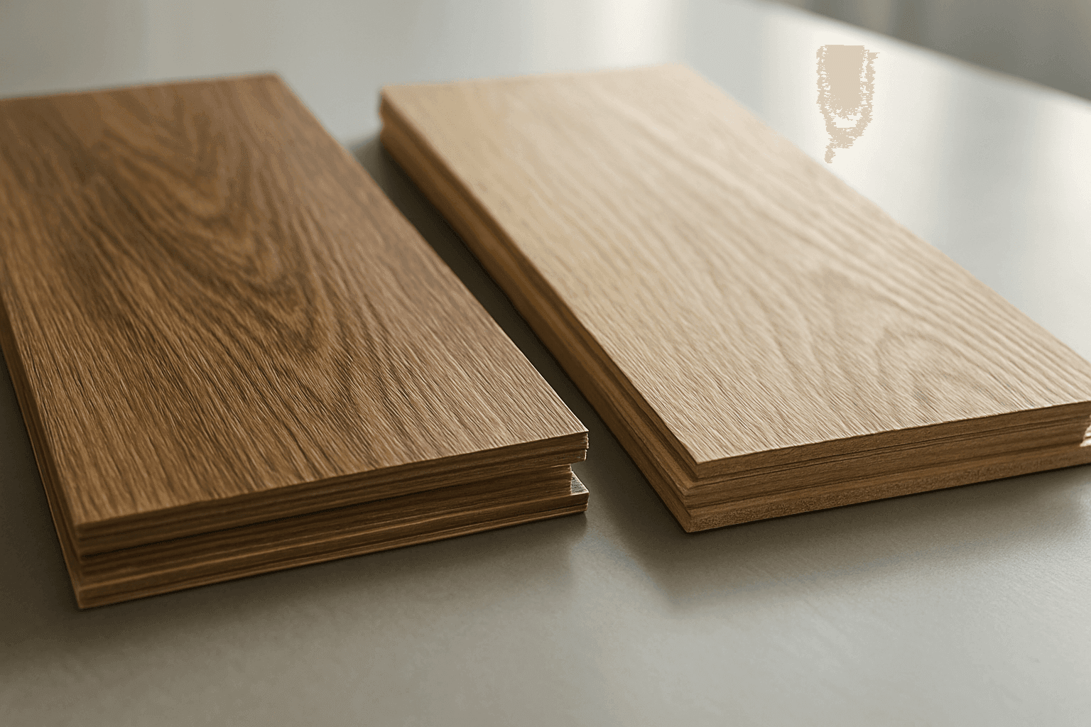 Close-up of luxury vinyl plank and laminate flooring samples side by side