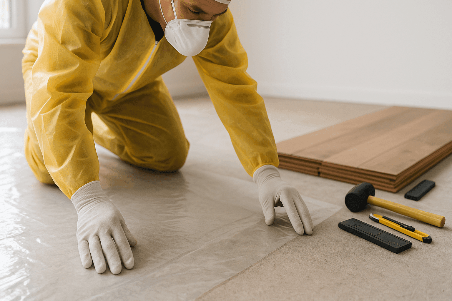 Technician installing a plastic moisture barrier sheet under new flooring