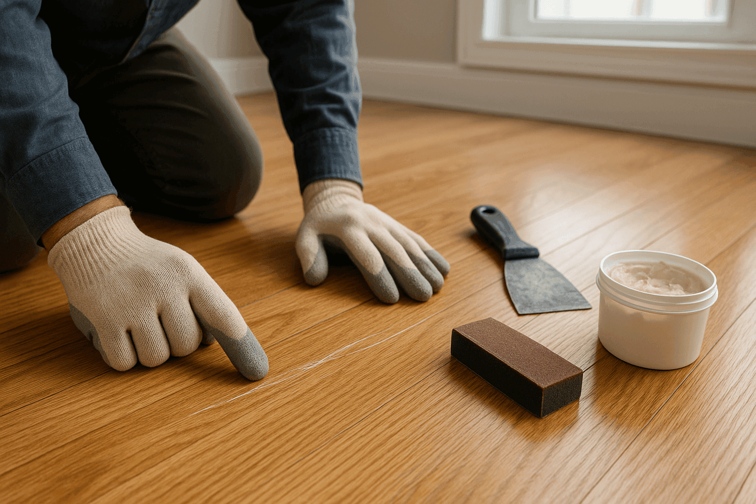 Close-up of a homeowner inspecting a scratched hardwood floor with repair tools nearby