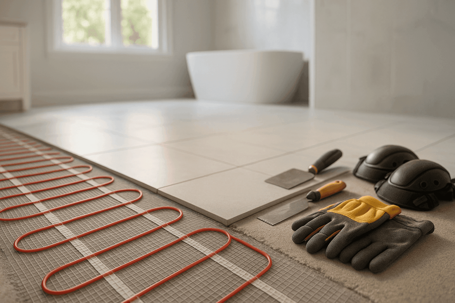 Technician installing radiant heating cables under tile floor in a home
